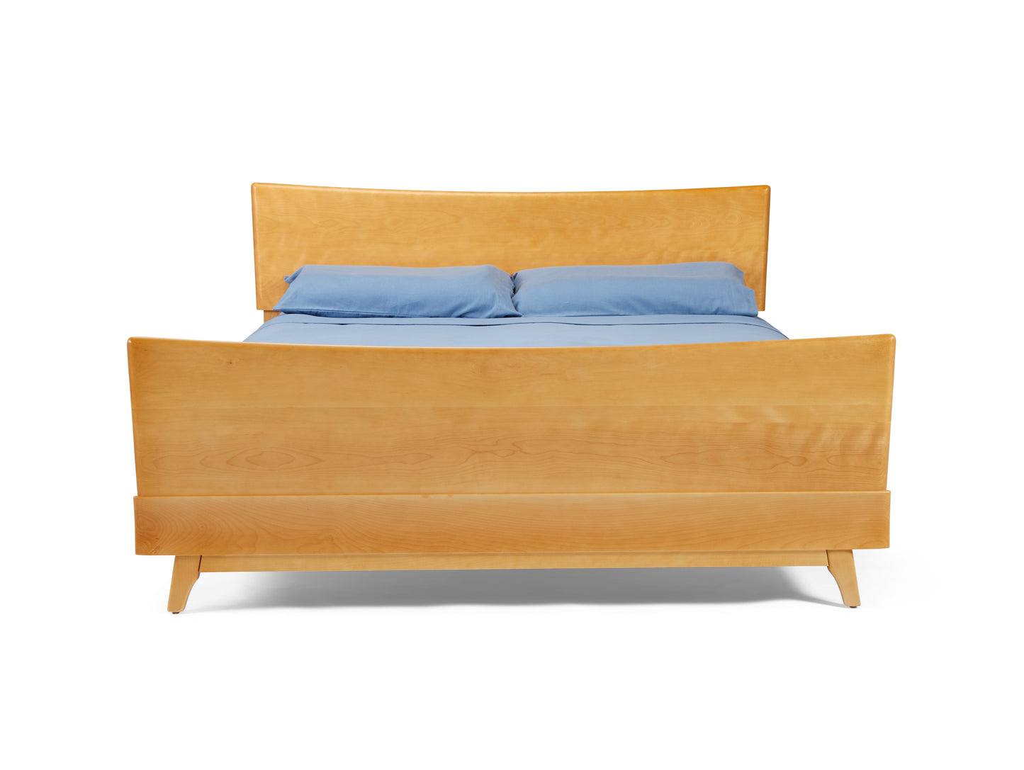 Front view of Kohinoor bed with amber wood and blue bedding