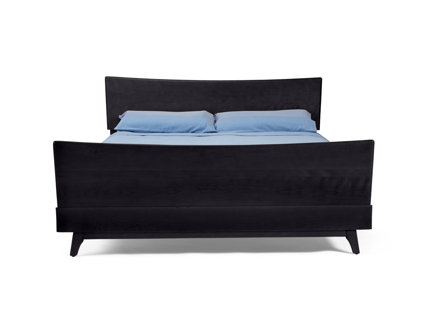 Front view of Kohinoor bed in dark color variant with blue bedding