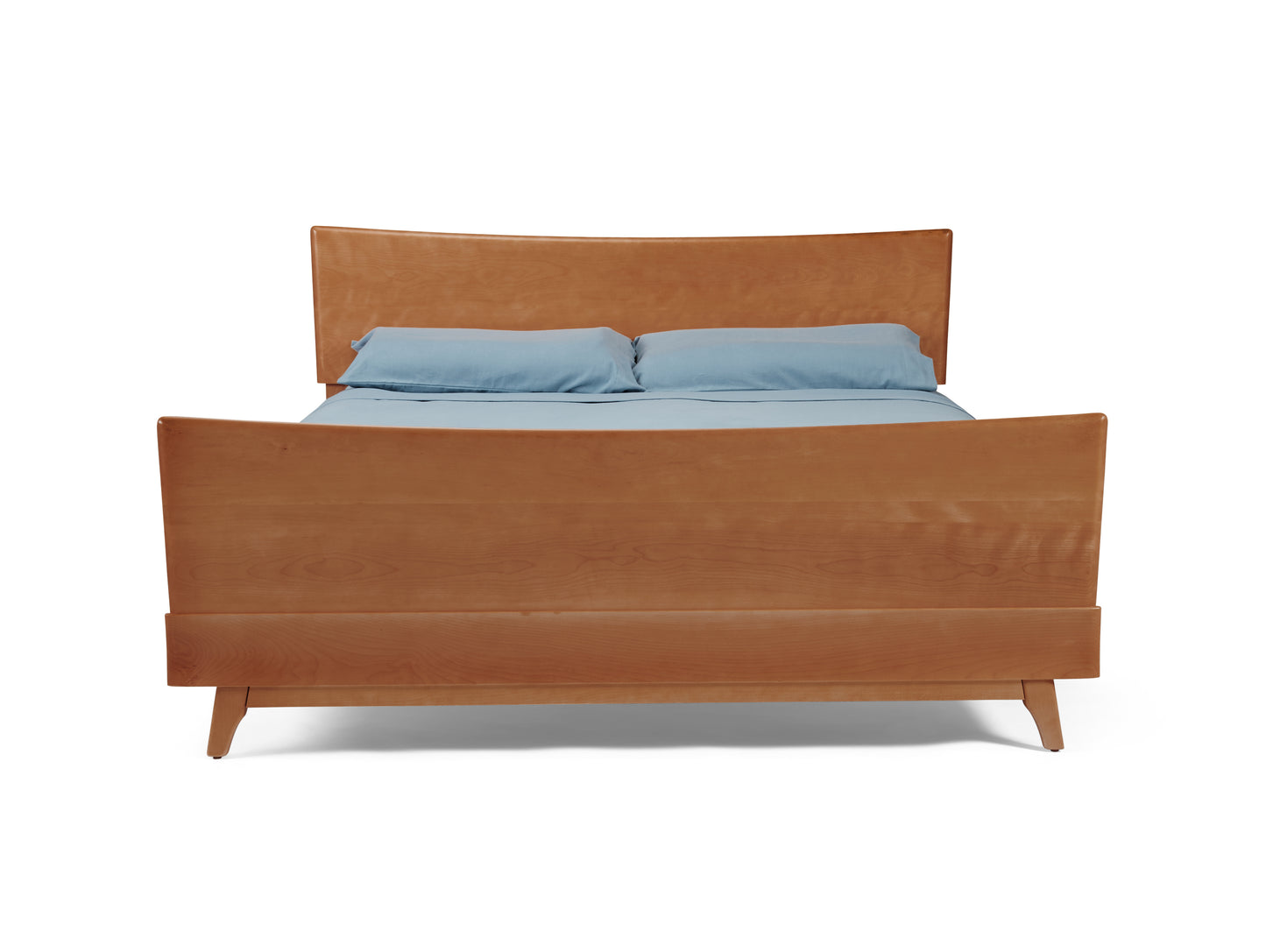 Back/bottom view of Kohinoor bed with amber wood and blue bedding